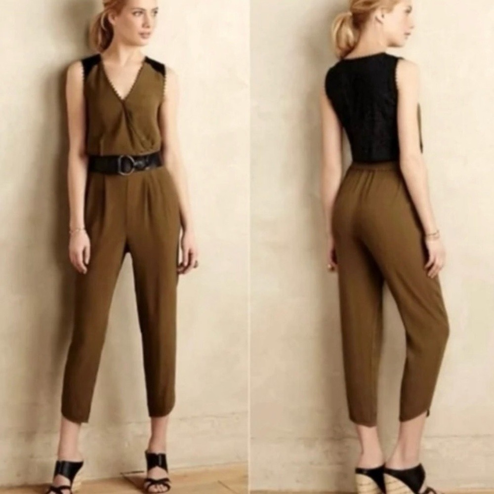 ANTHROPOLOGIE‎ Sani Lace Surplice Jumpsuit by Leifsdottir Olive Moss Green Sz 8